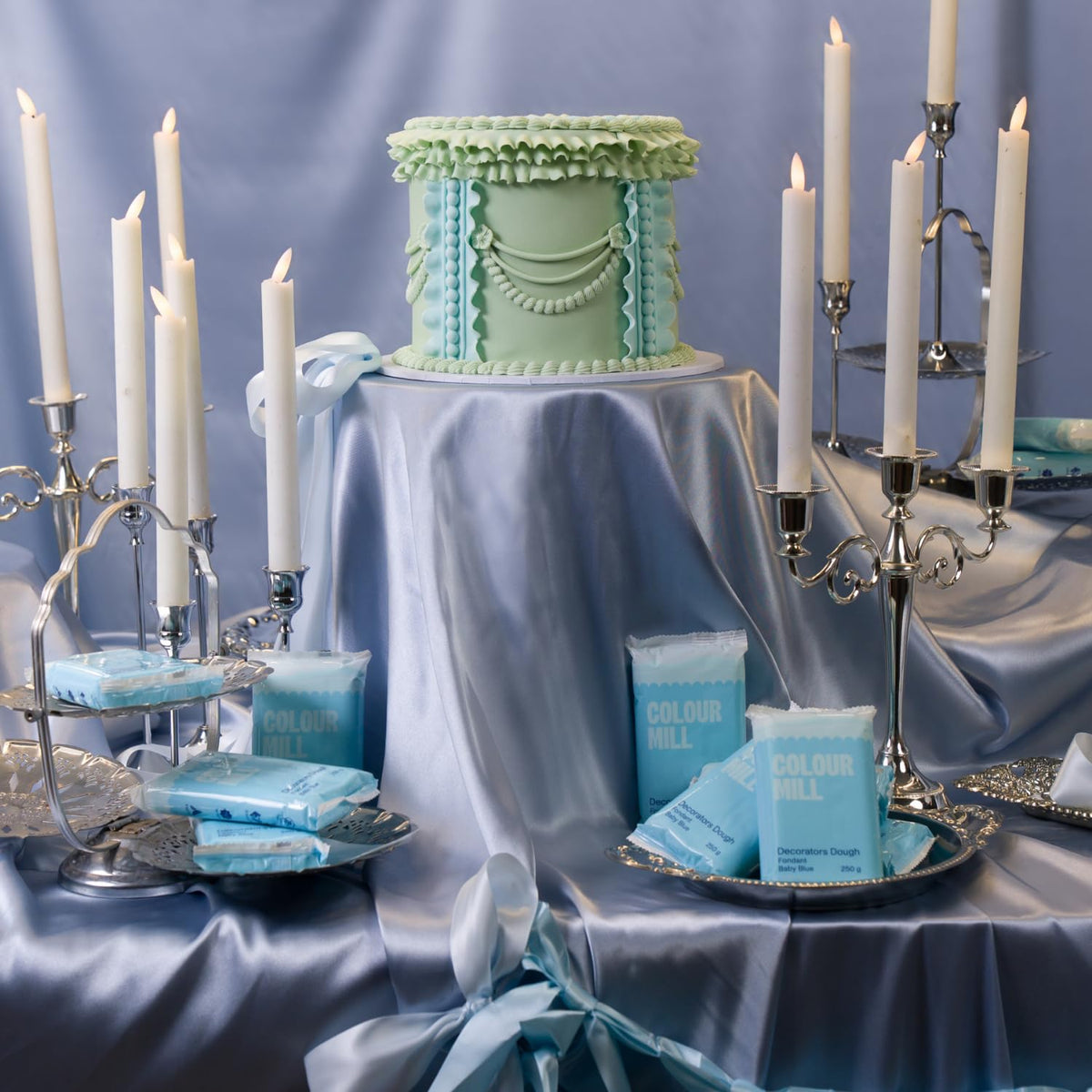 Colour Mill Decorators Dough Baby Blue roll enables seamless draping on cakes