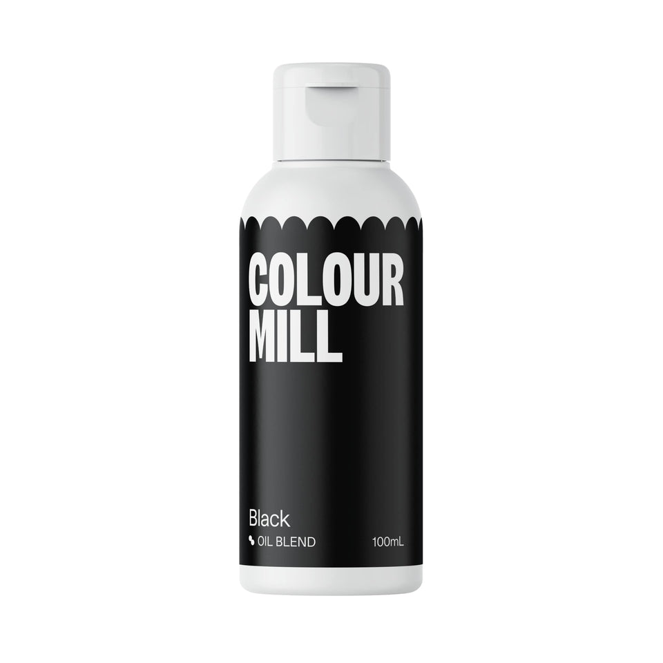 Colour Mill oil-based food coloring in a black bottle for vibrant, even cake color.