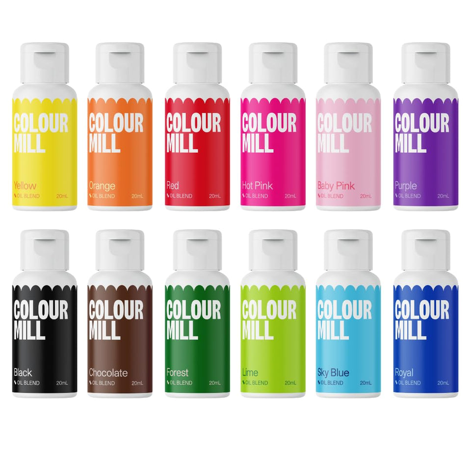 Colour Mill oil-based colouring bottle closeup shows vibrant dessert hues.