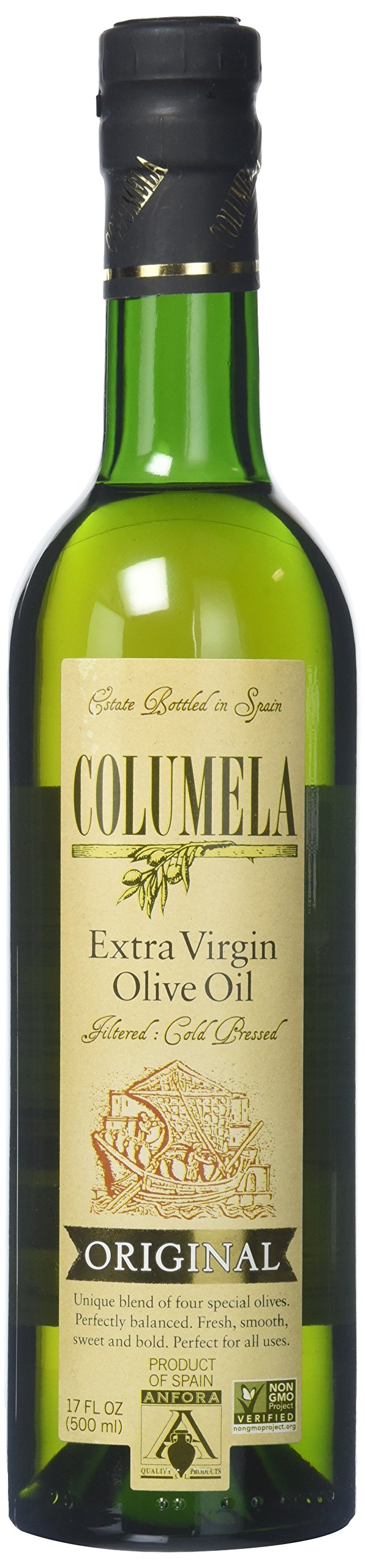 Columela Extra Virgin Olive Oil bottle highlighting rich fruity flavor, ideal for salad dressings and finishing Mediterranean dishes.