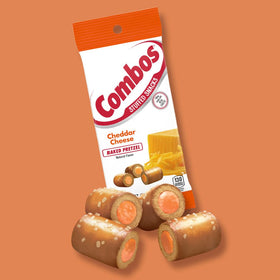 Combos cheddar cheese pretzel bites, oven-baked texture with real cheese filling.