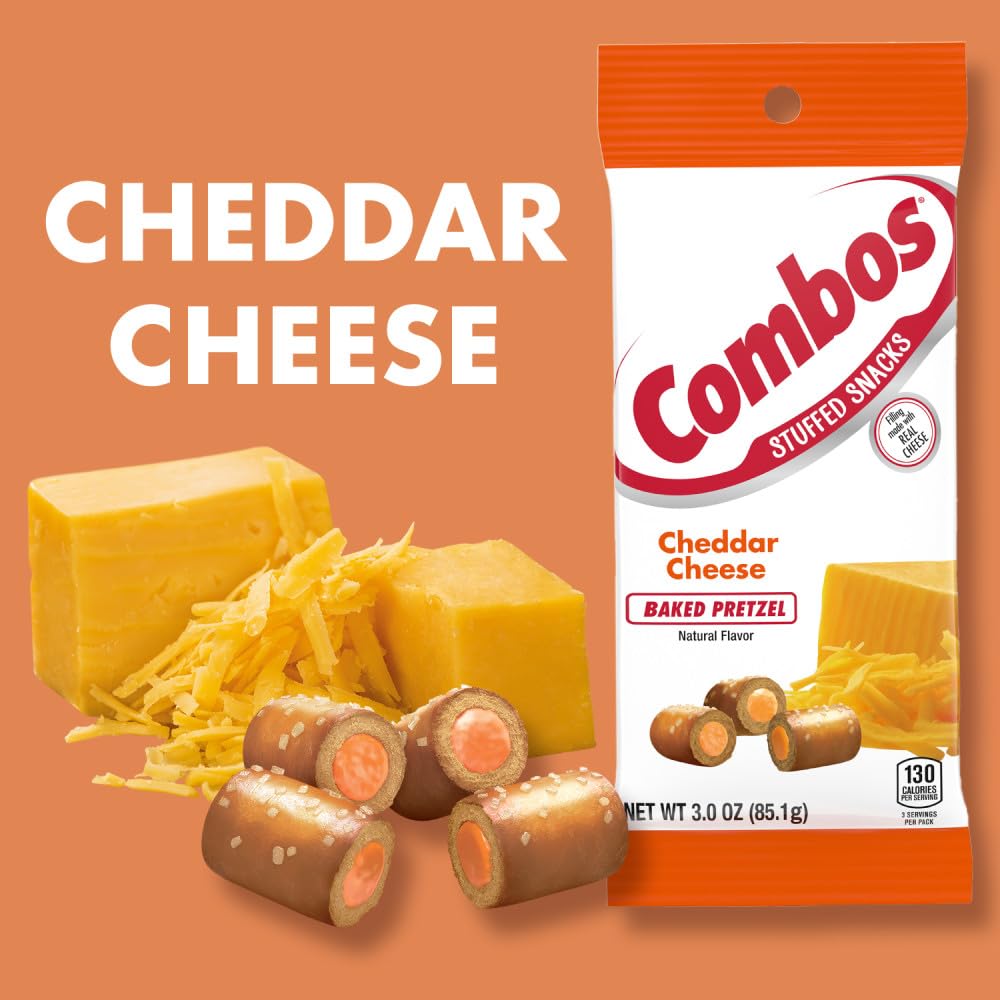 Combos cheddar cheese pretzel bites in a convenient travel-sized bag for road trips.