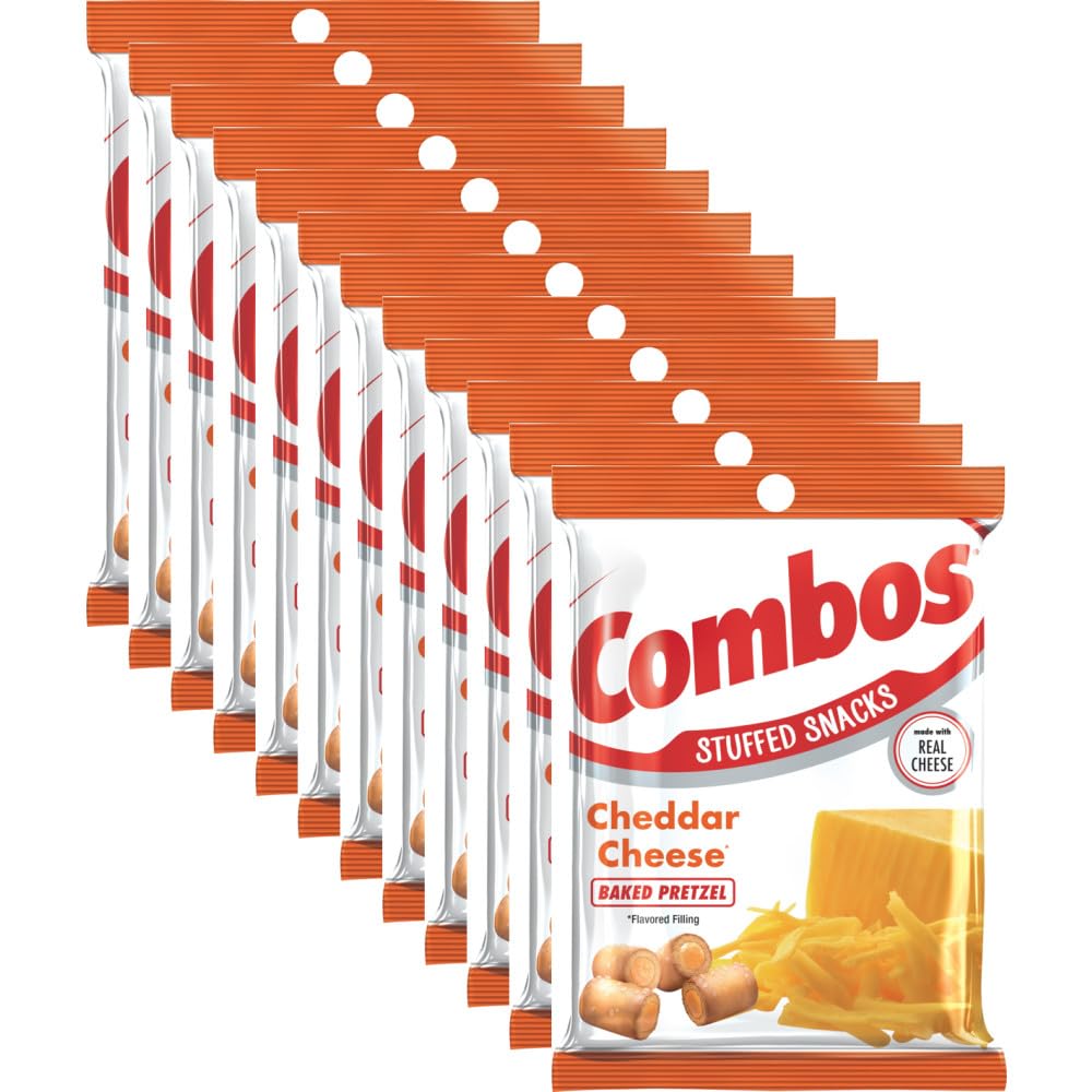 COMBOS cheddar cheese pretzel bag front, ideal for on-the-go snacking