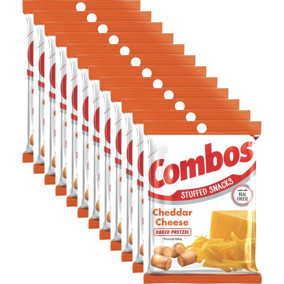 COMBOS cheddar cheese pretzel bag front, ideal for on-the-go snacking
