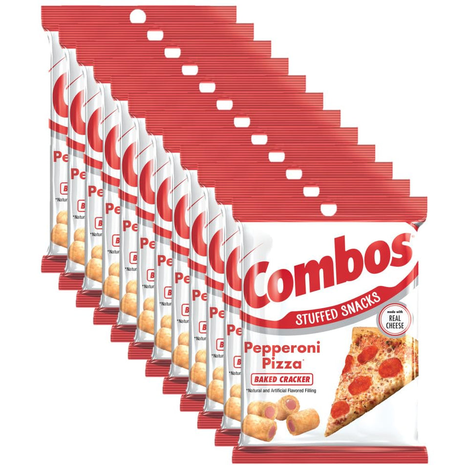 Combos Pepperoni Pizza Pretzel Snack Pack front view in bulk box for on-the-go snacking