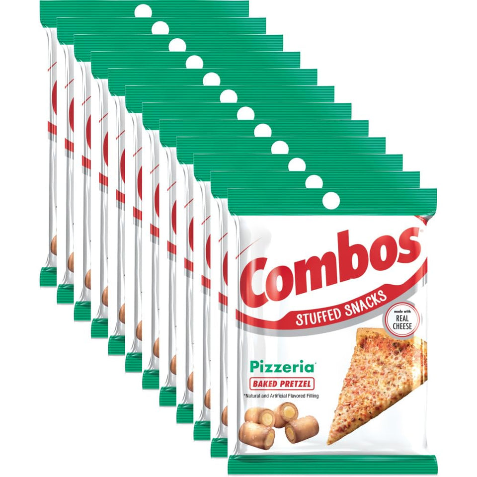 Combos Pizzeria Cheese Pretzel bag close-up highlighting cheddar cheese flavor for on-the-go snacking