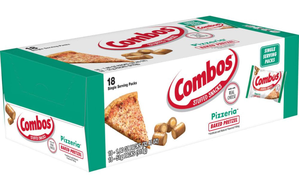 Combos Pizzeria Pretzel box front showing 18-pack convenience