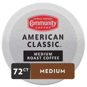 Six-pack box of Community Coffee American Classic pods for Keurig brewers.
