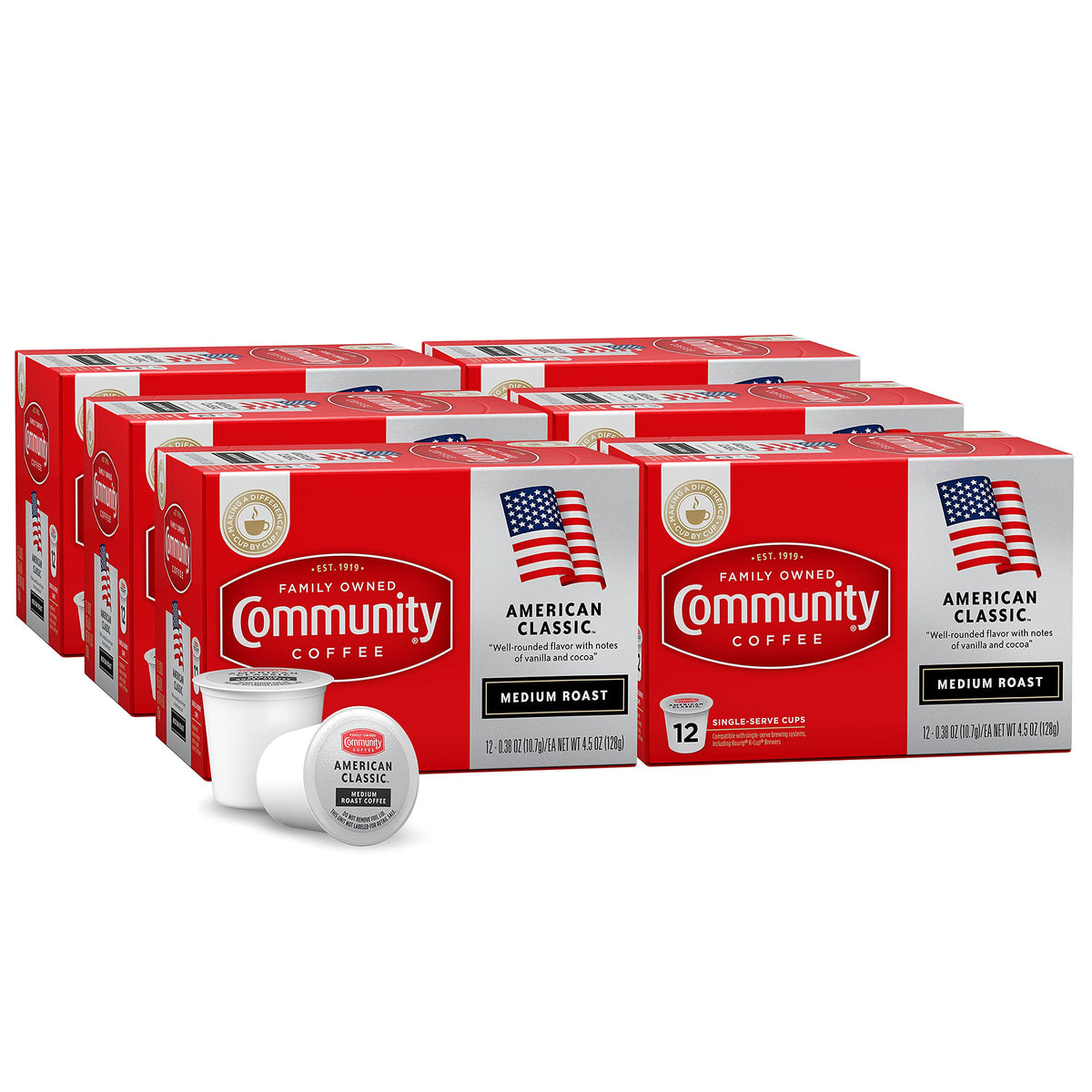 Community Coffee American Classic 72-count pods pack ready for quick brewing.