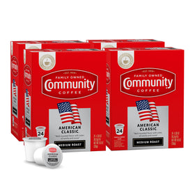 Community Coffee American Classic 96-count pods pack4, ready for quick, consistent mornings.