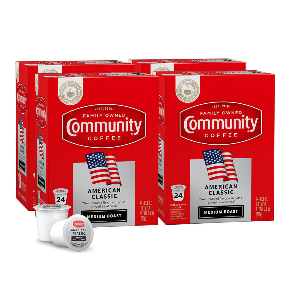 Community Coffee American Classic 96-count pods pack4, ready for quick, consistent mornings.