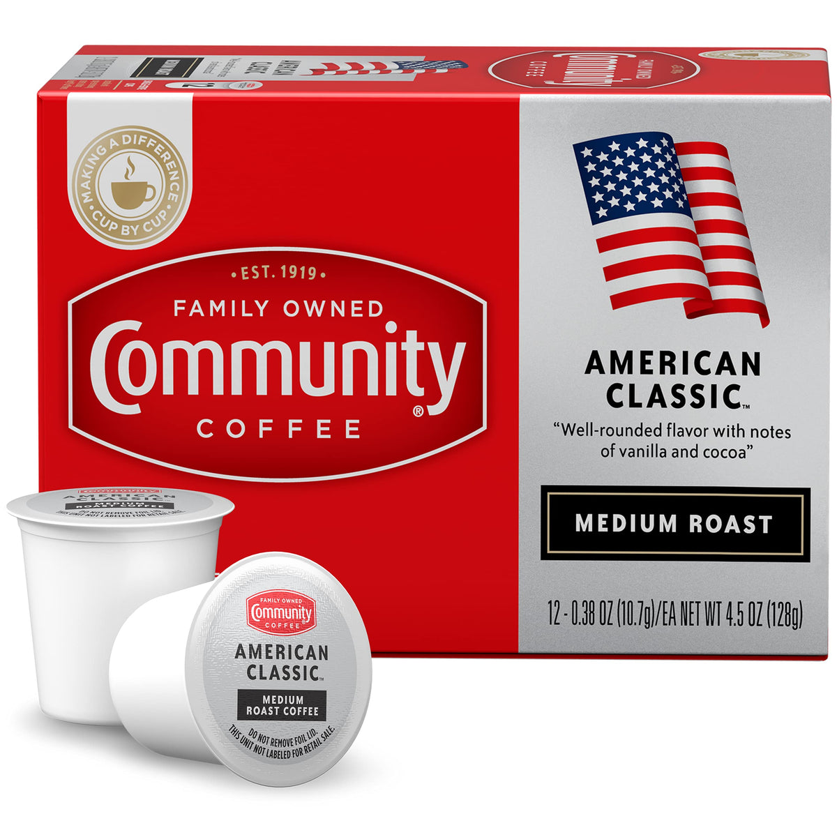 Community Coffee American Classic pods front view for quick, consistent brewing.