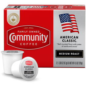 Community Coffee American Classic pods front view for quick, consistent brewing.