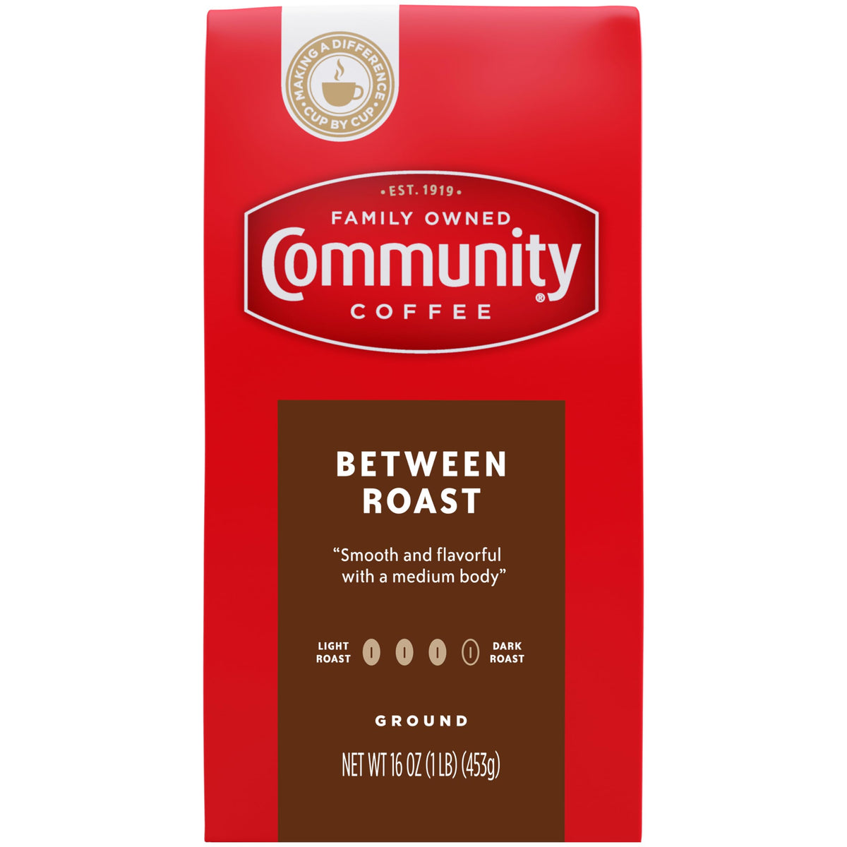 Community Coffee Between Roast Premium Ground Coffee bag with vacuum seal preserves freshness and flavor