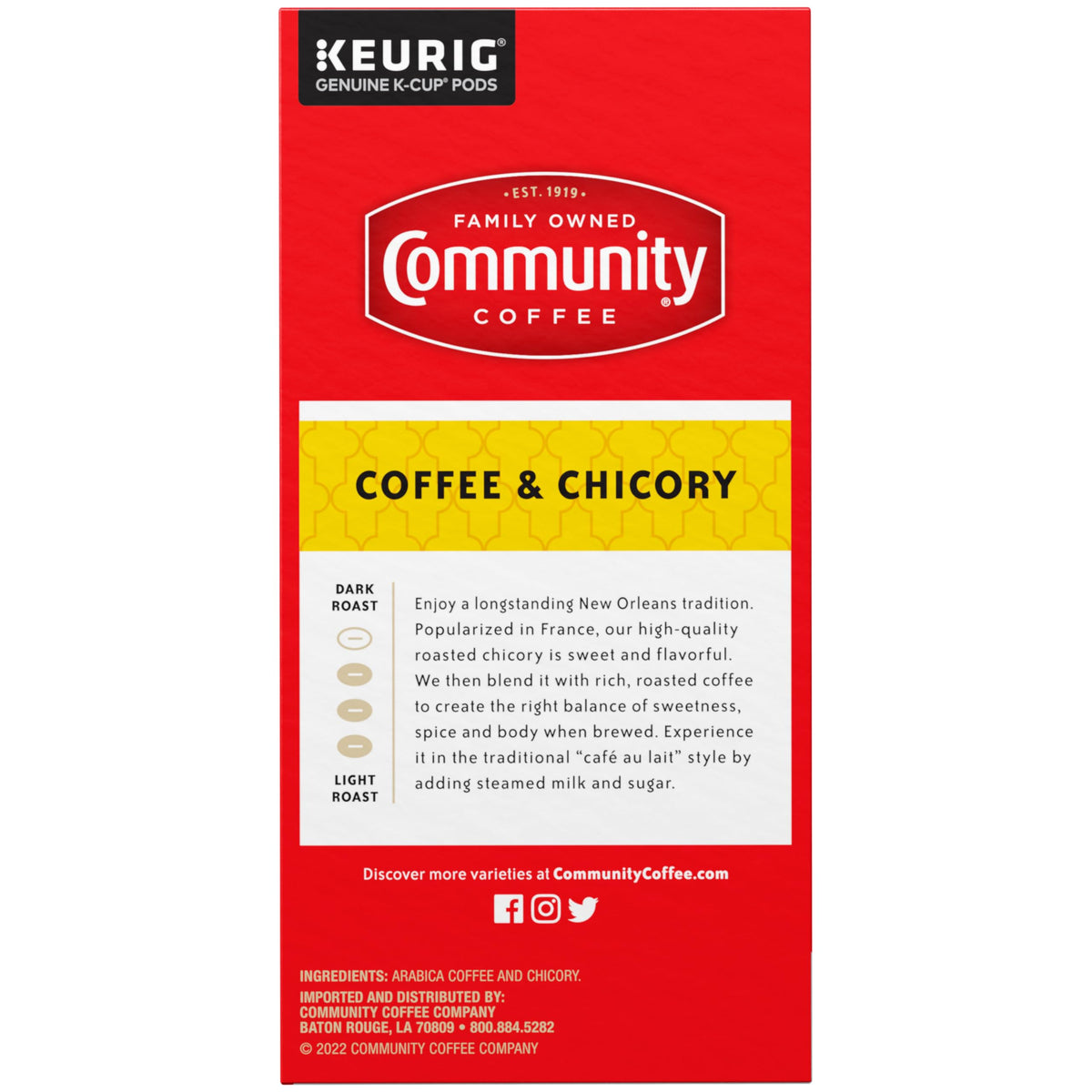 Community Coffee packaging on a counter invites fast daily caffeine routines.