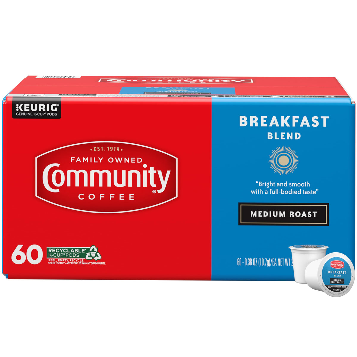 Community Coffee Breakfast Blend pods in a box for a quick, smooth morning
