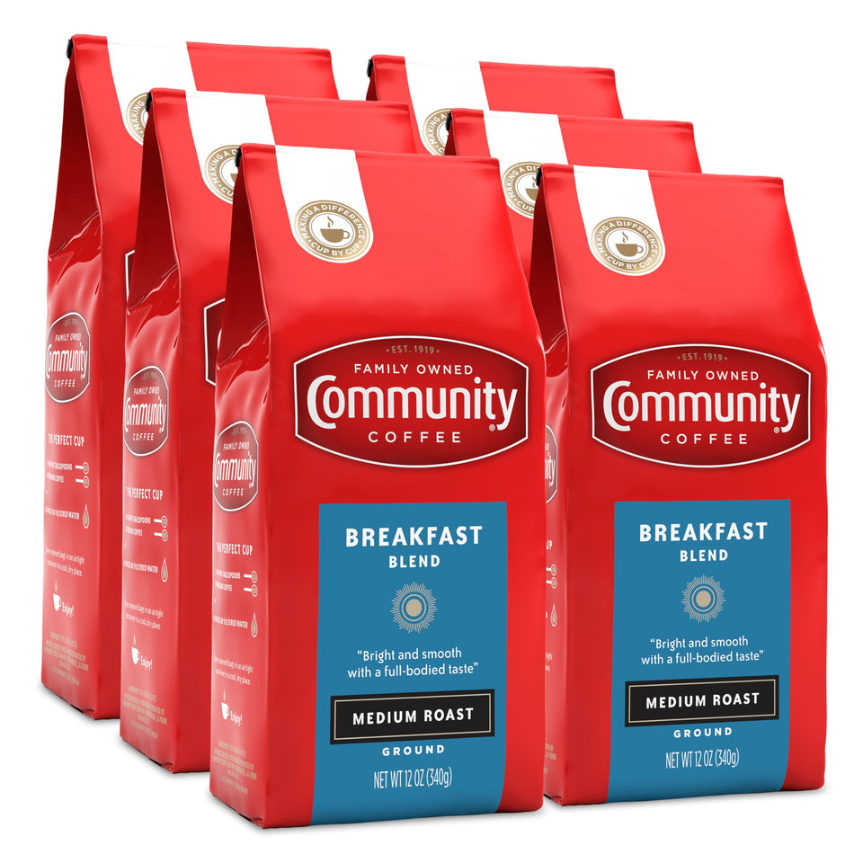 Community Coffee Breakfast Blend 72oz pack of six bags ready for daily use.