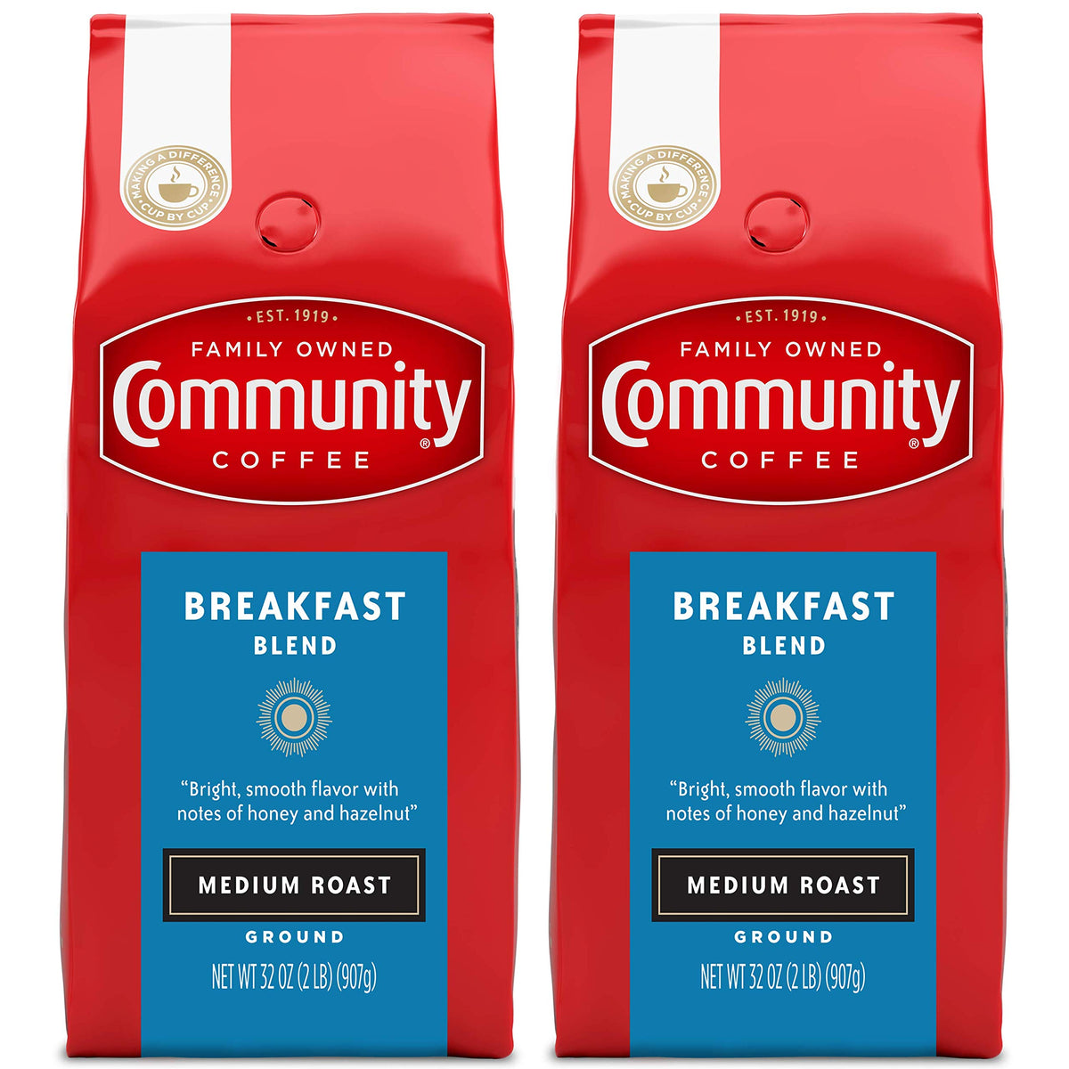 Community Coffee Breakfast Blend ground coffee in 32 oz pack for easy drip brewing.
