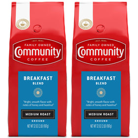 Community Coffee Breakfast Blend ground coffee in 32 oz pack for easy drip brewing.