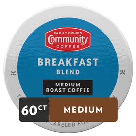 Community Coffee Breakfast Blend pods shown with Keurig compatibility for easy brewing