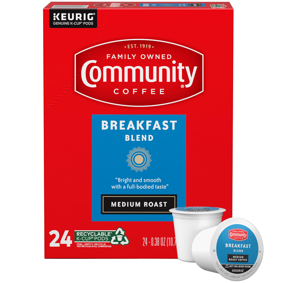 Community Coffee Breakfast Blend pods in a 24-count pack for quick mornings