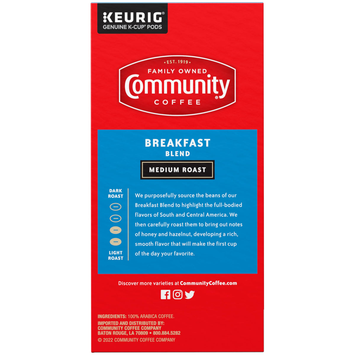 Community Coffee Breakfast Blend roast label showcasing honey and hazelnut notes.