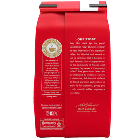Steam rising cup of Community Coffee Breakfast Blend emphasizes inviting aroma.