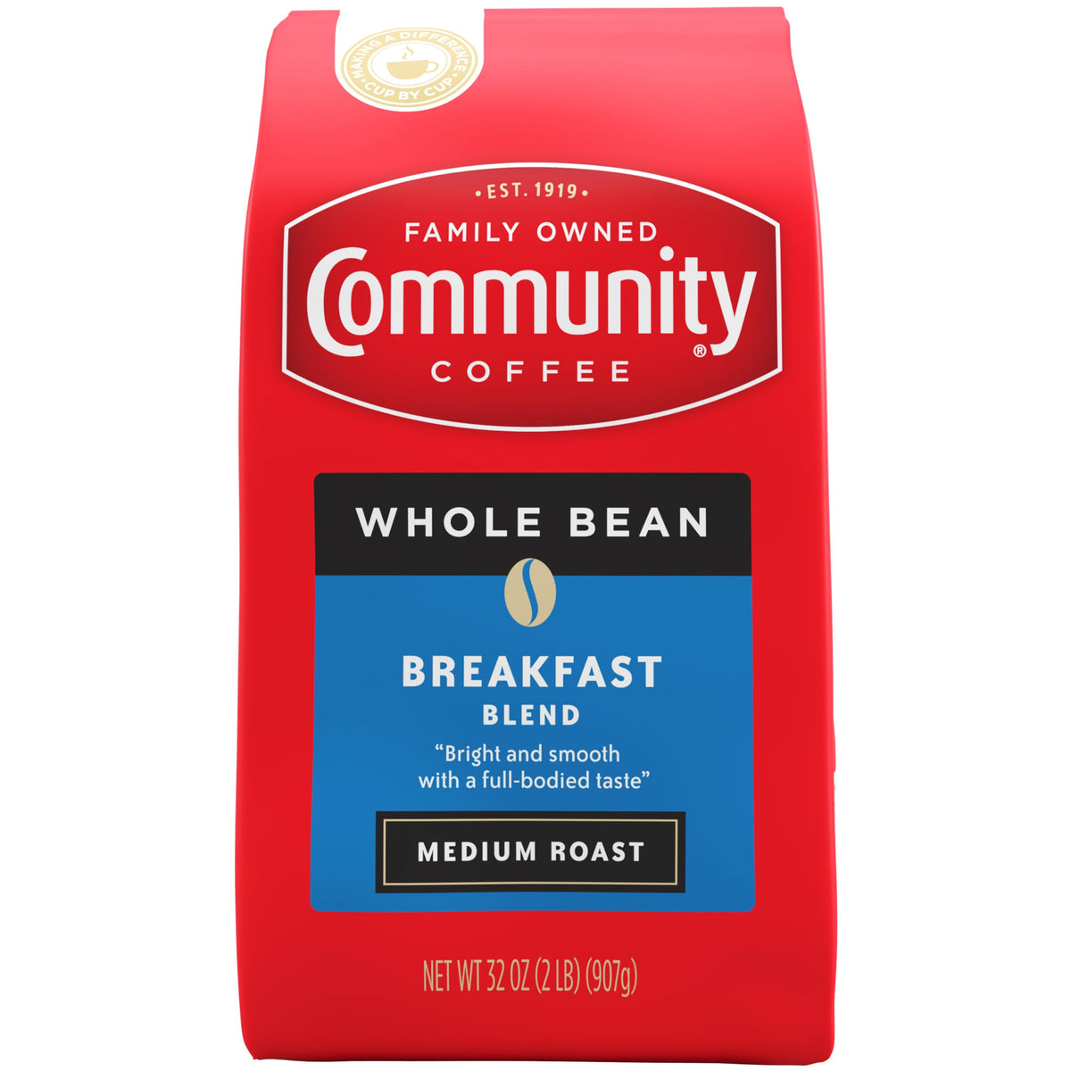 Community Coffee Breakfast Blend whole beans in a 32oz bag, ideal for fresh grinding at home.