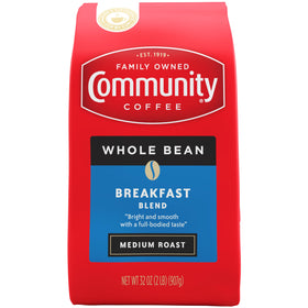 Community Coffee Breakfast Blend whole beans in a 32oz bag, ideal for fresh grinding at home.