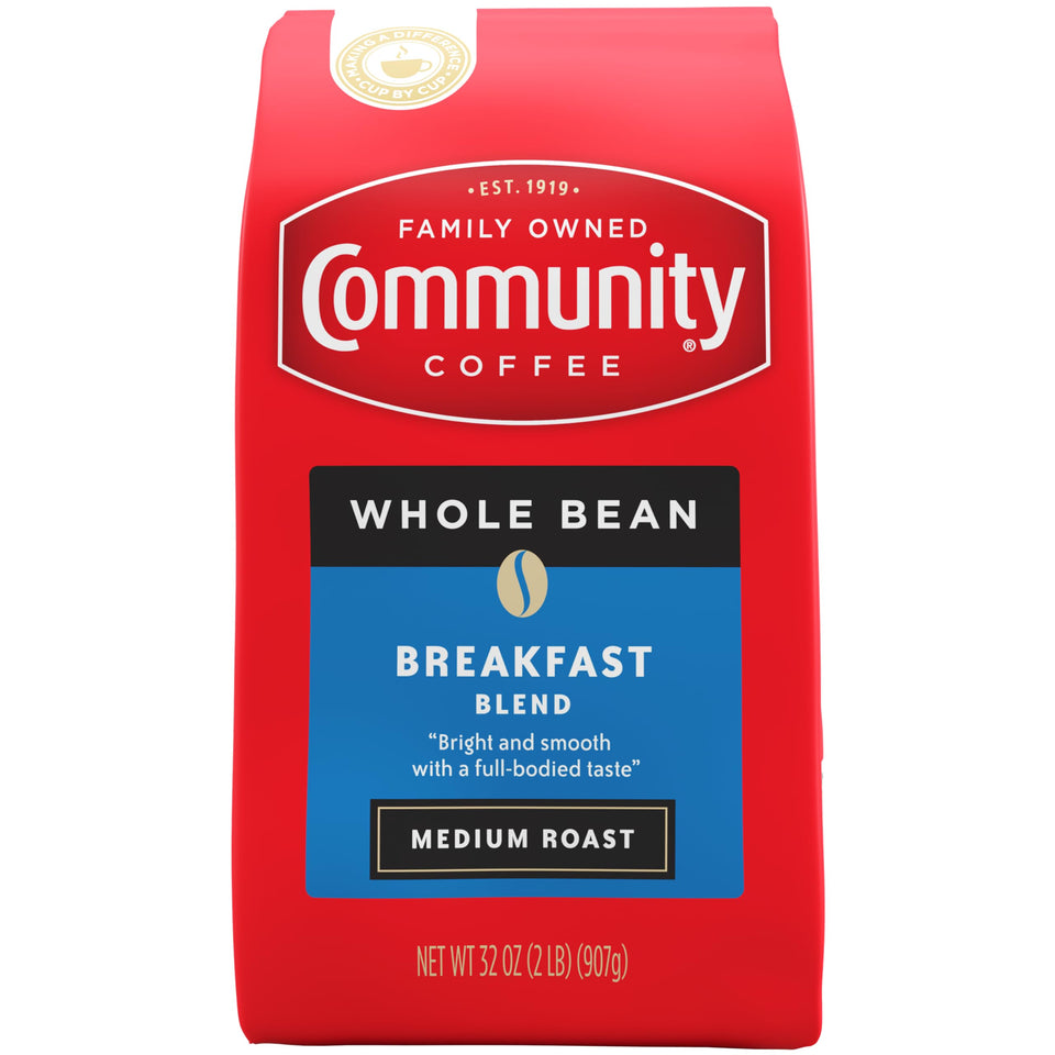 Community Coffee Breakfast Blend whole beans in a 32oz bag, ideal for fresh grinding at home.