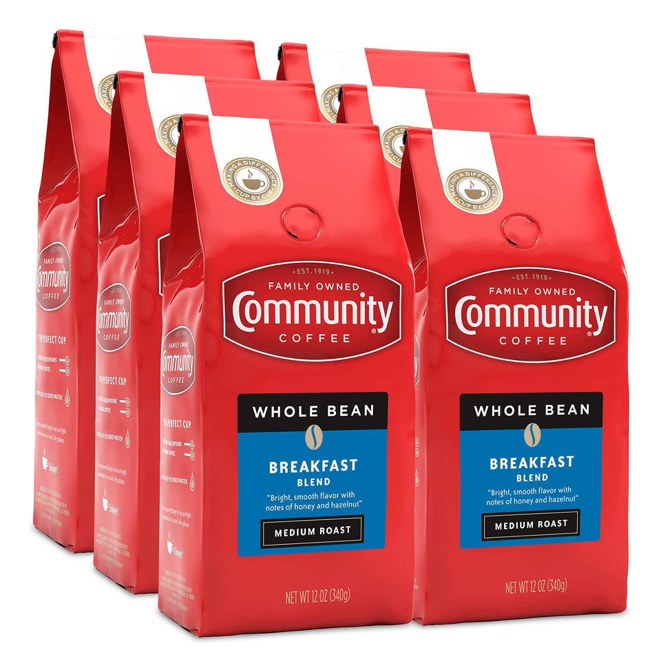 Community Coffee Breakfast Blend whole bean bag with premium Arabica, ideal for at-home grinding.