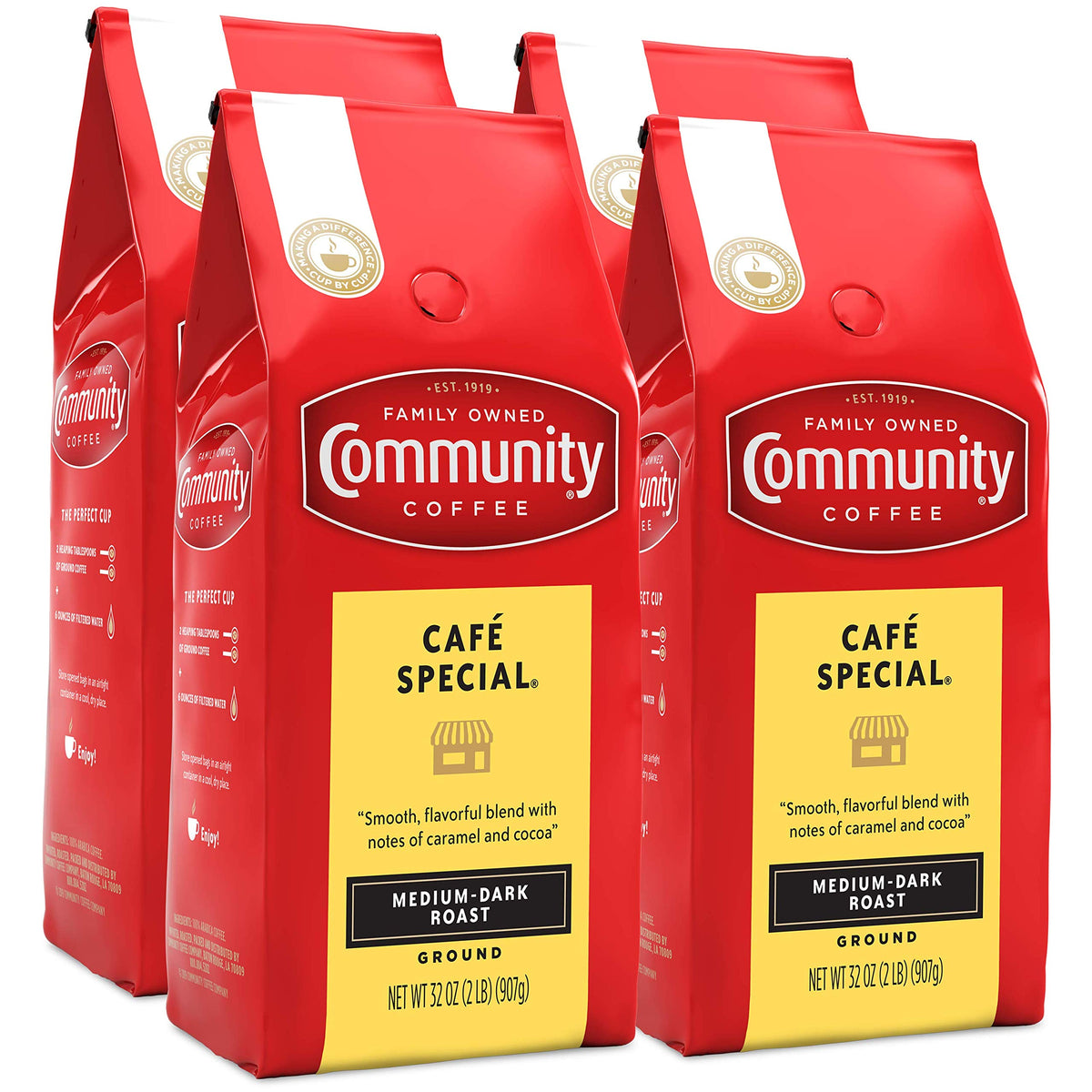 Community Coffee Café Special Blend 4-pack ground coffee bags for home café convenience.