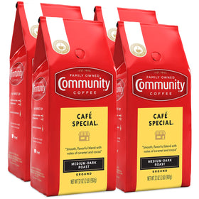 Community Coffee Café Special Blend 4-pack ground coffee bags for home café convenience.