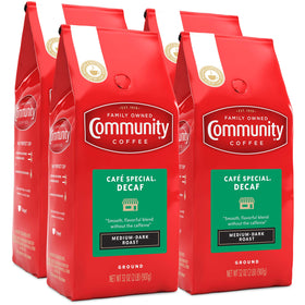 Community Coffee Cafe Special Decaf four-pack 32-ounce bags for convenient daily brewing.