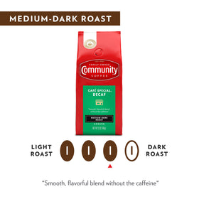 Community Coffee Cafe Special Decaf beans closeup hints sweeter profile.