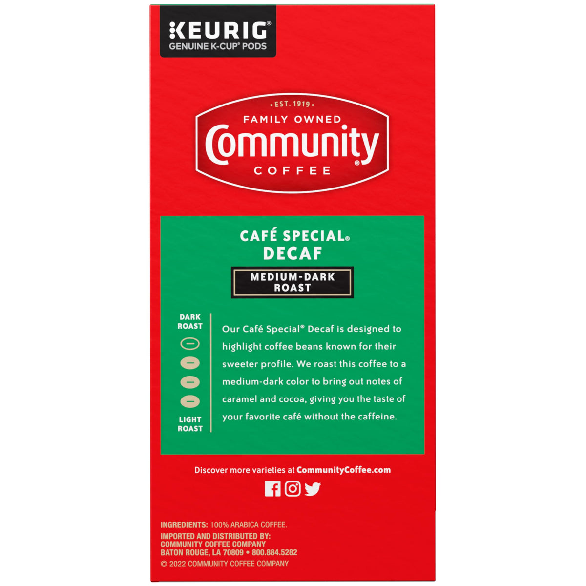Community Coffee Café Special Decaf beans close-up highlighting premium Arabica quality.