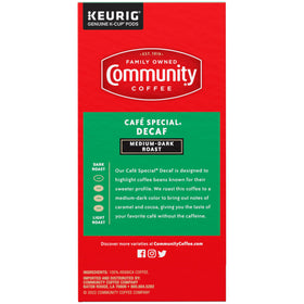 Community Coffee Café Special Decaf beans close-up highlighting premium Arabica quality.