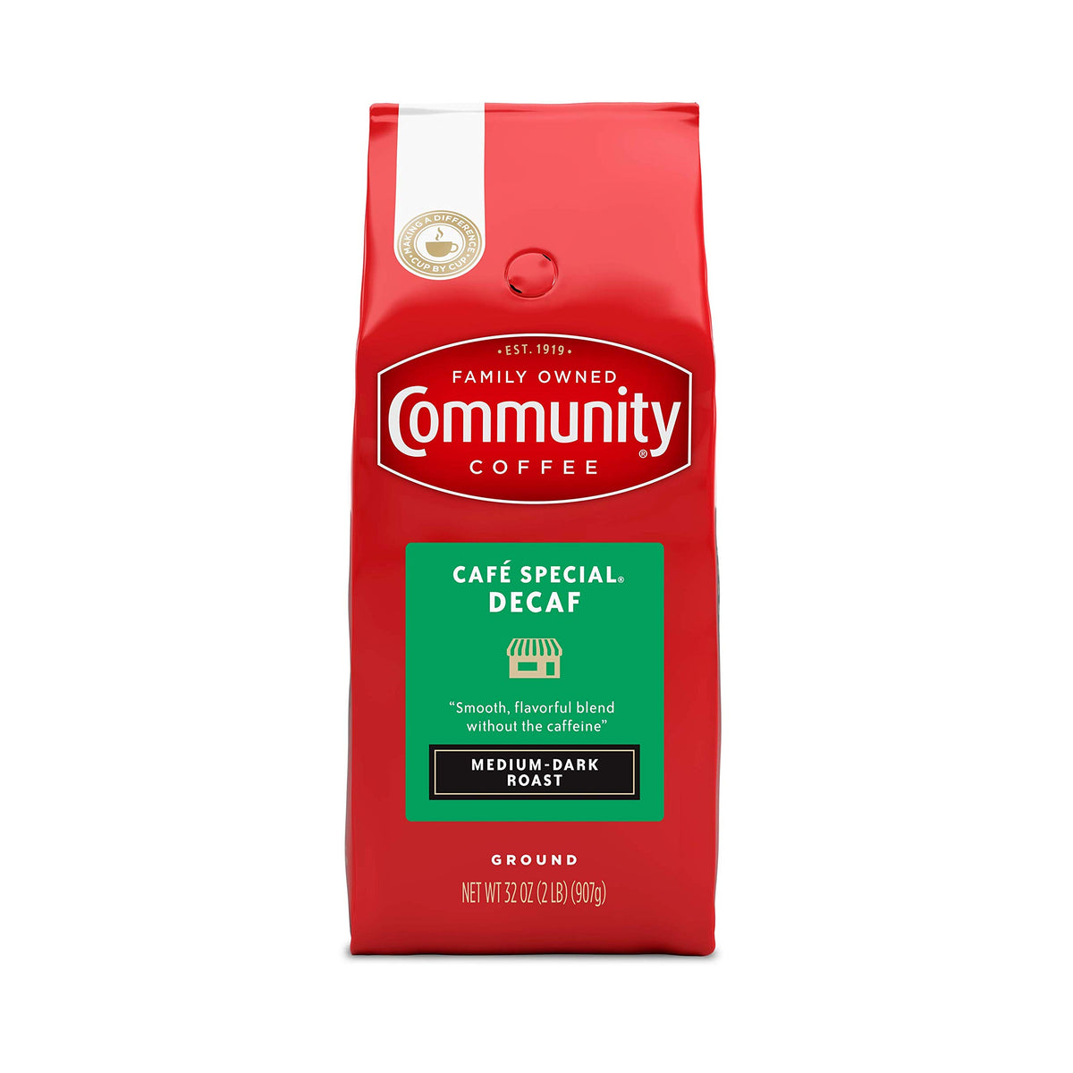 Community Coffee Café Special Decaf ground 32oz bag for convenient, caffeine-free daily brew.