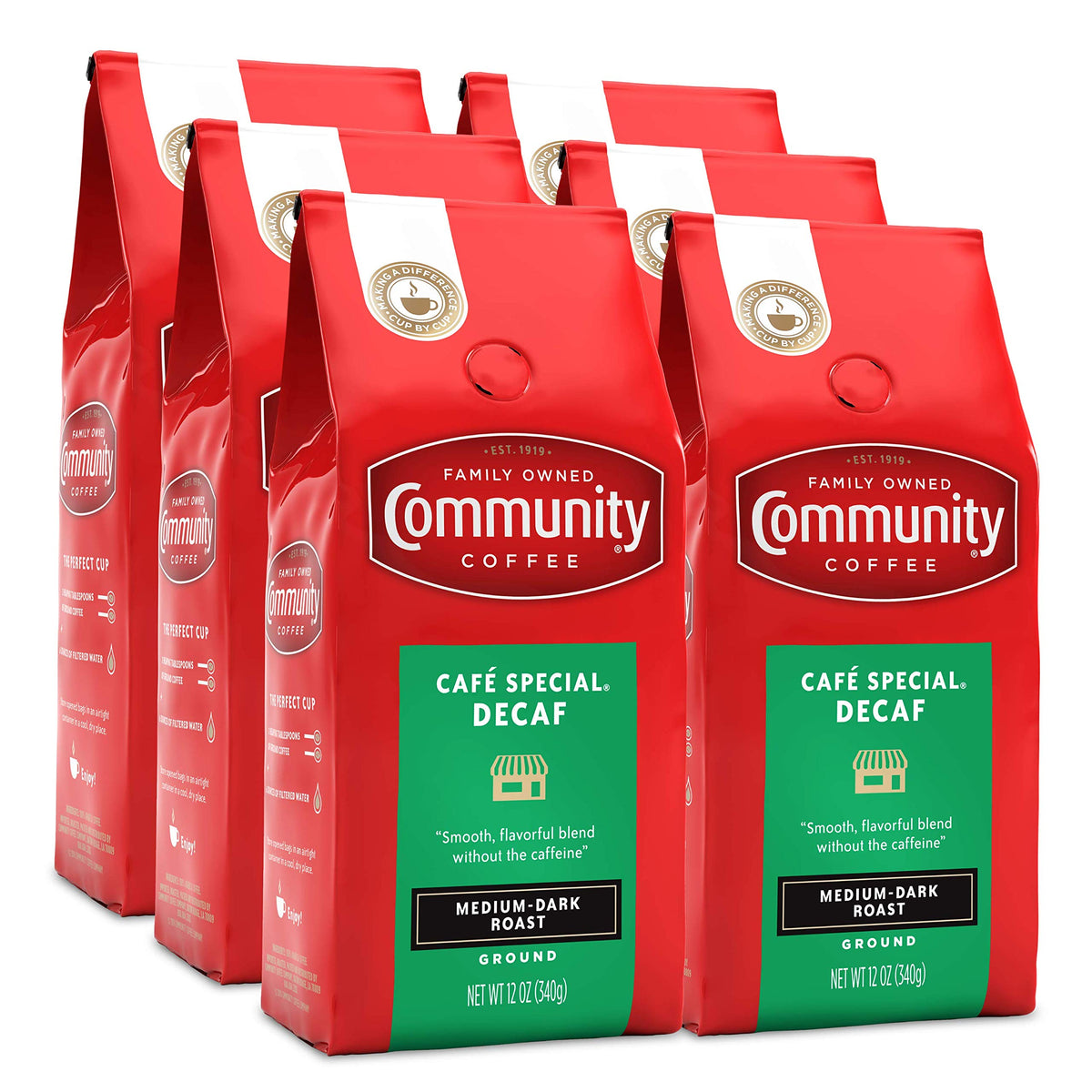 Community Coffee Cafe Special Decaf ground coffee bag front, rich aroma for everyday mornings.
