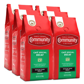 Community Coffee Cafe Special Decaf ground coffee bag front, rich aroma for everyday mornings.