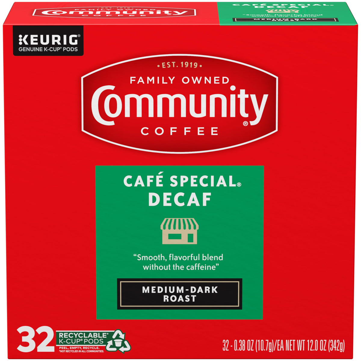 Community Coffee Café Special Decaf K-Cup box shown for everyday, full-flavored brew.