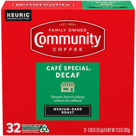 Community Coffee Café Special Decaf K-Cup box shown for everyday, full-flavored brew.