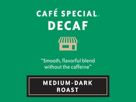 Community Coffee Cafe Special Decaf label closeup highlights medium-dark roast.