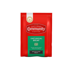 Community Coffee Cafe Special Decaf packs 2.5 oz for quick cafe-quality decaf brew.
