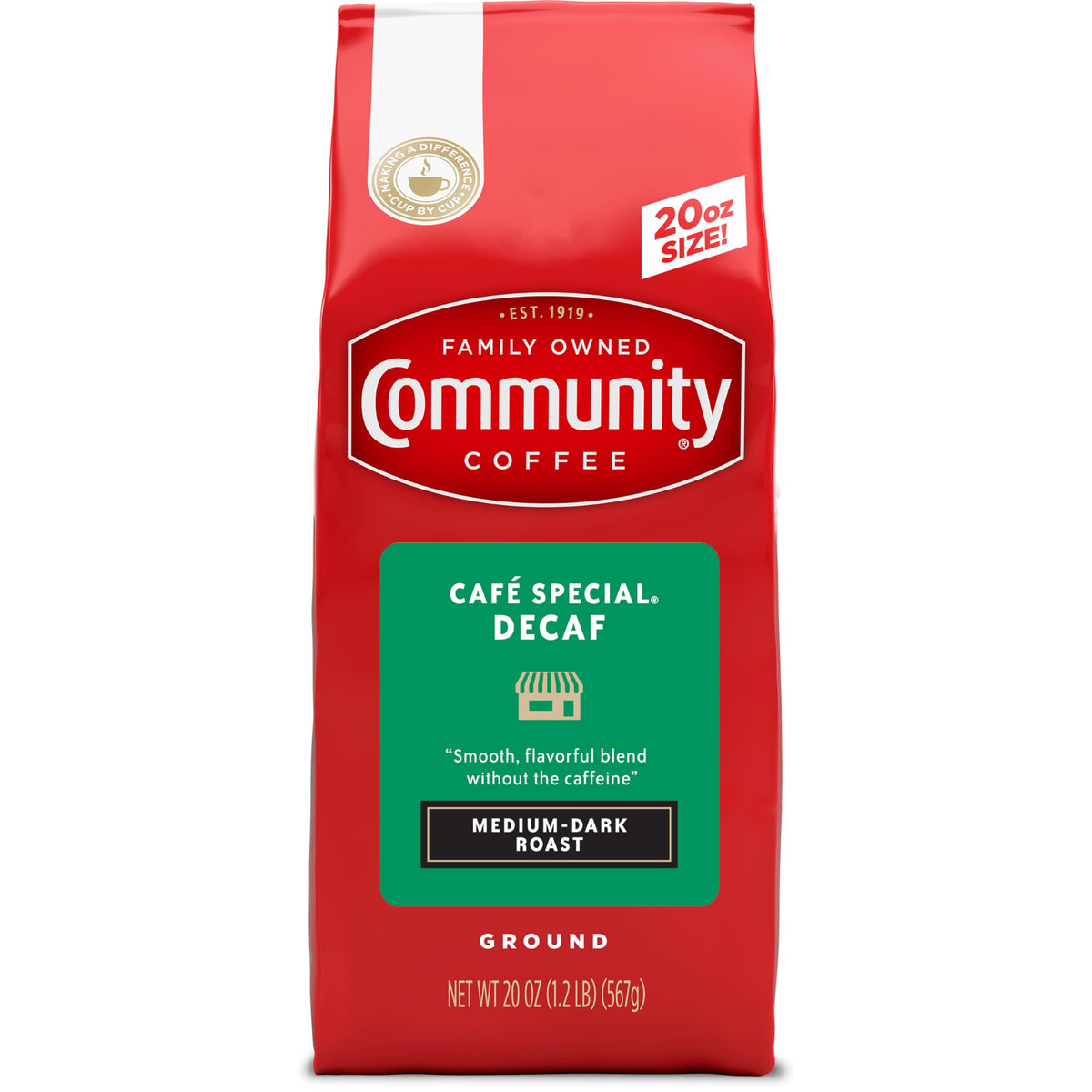 Community Coffee Cafe Special Decaf packshot with a 20 oz bag for daily decaf enjoyment.