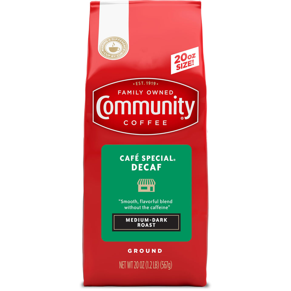 Community Coffee Cafe Special Decaf packshot with a 20 oz bag for daily decaf enjoyment.