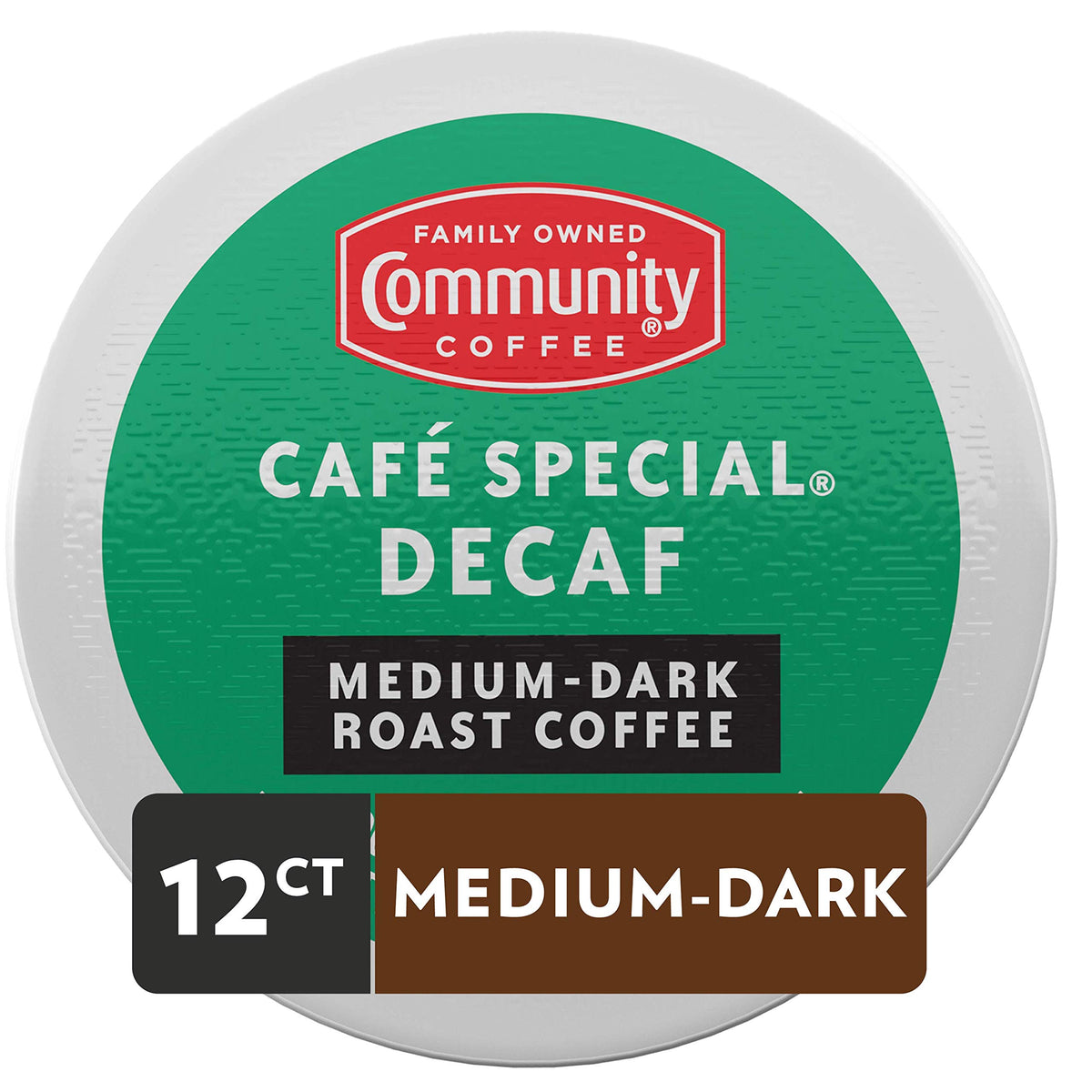 Closeup of Community Coffee Cafe Special Decaf pod showing rich aroma