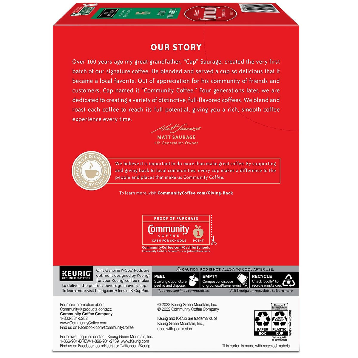 Decaf pod being inserted into a brewer with Community Coffee branding.
