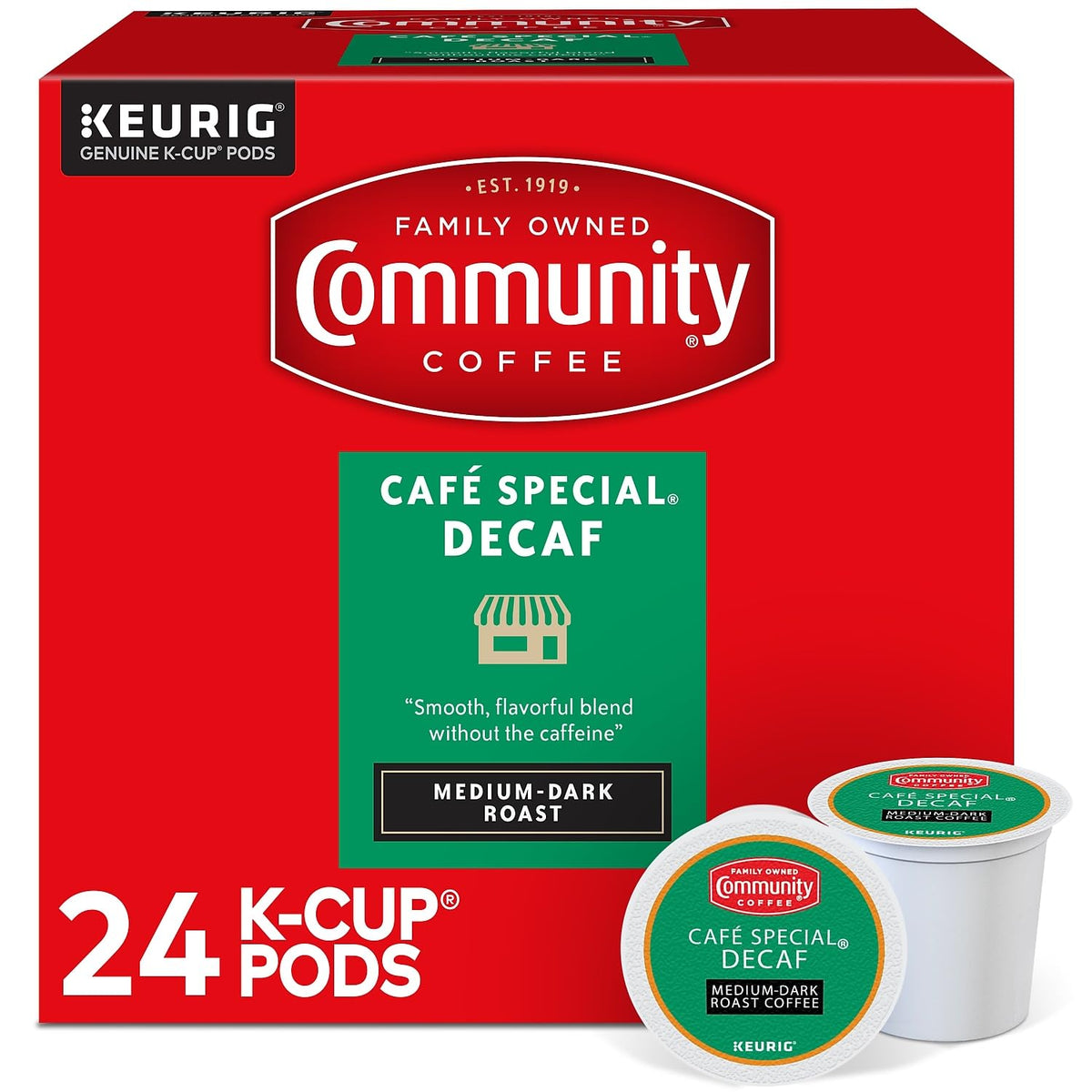 Community Coffee Cafe Special Decaf pods pack for Keurig brewers, ideal for late-day savor.
