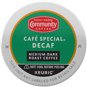 Community Coffee Café Special Decaf pod pile ready for convenient, caffeine-free enjoyment.